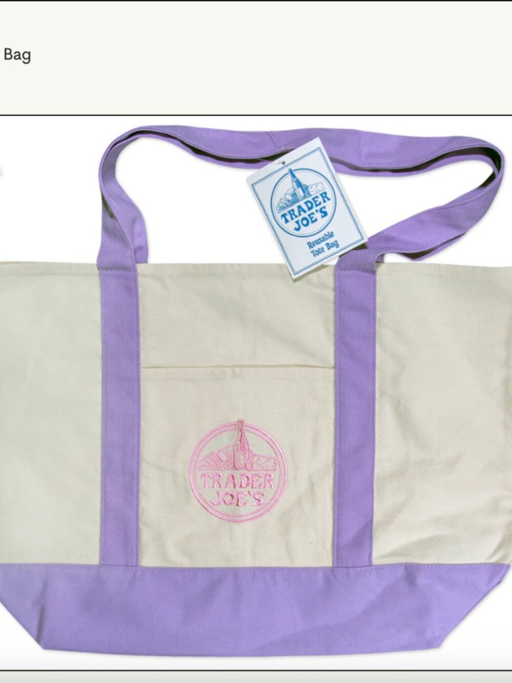 NWT Trader Joe's Lavender Canvas Tote Bag